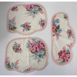 Floral Lace-Trim Fabric Doilies Pink & Blue Flower Pattern Set of 3 Vtg
